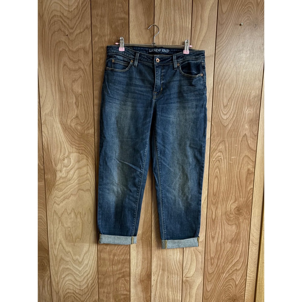 Lands' End Womens Low Rise Roll Cuff Jeans Size 8 Medium Wash Straight Leg Denim